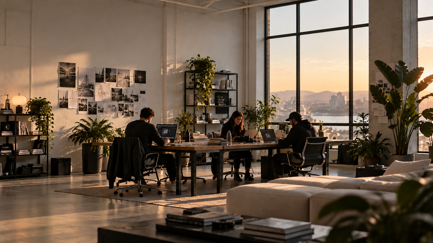 The RYVEN team working together at dusk, with the city skyline through the studio windows